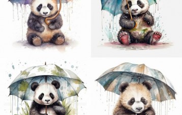 MidJourney AI绘画 打着雨伞的小熊猫